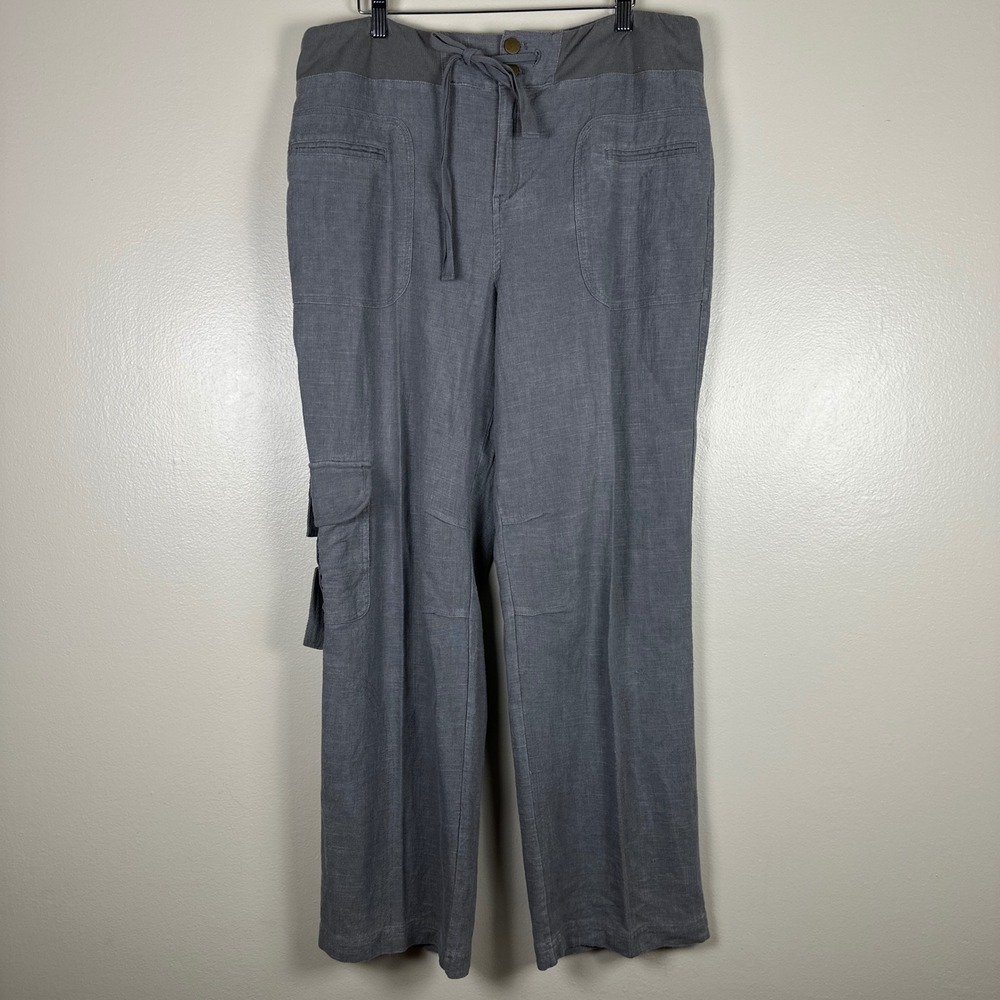 Soft Surroundings Women's Large Pants Gray Linen Blend Cargo Wide Leg Drawstring